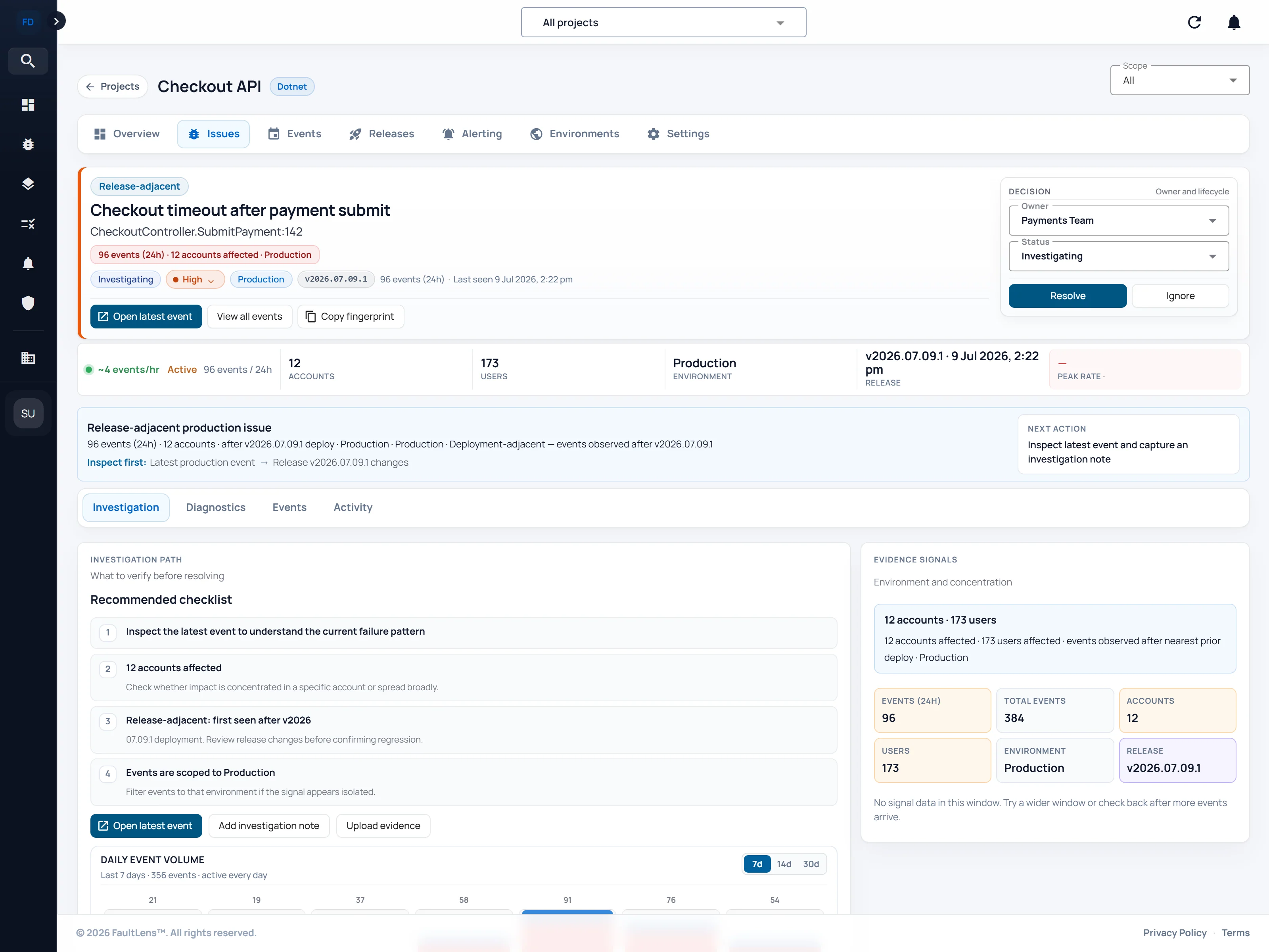 FaultLens issue details showing diagnostic evidence, stack context, and investigation notes