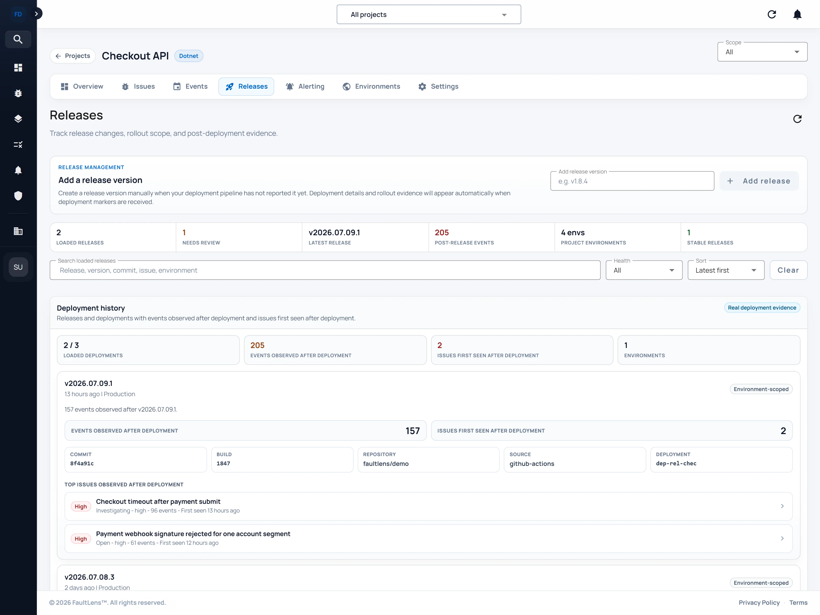 FaultLens release impact view showing deployment metrics and event timeline